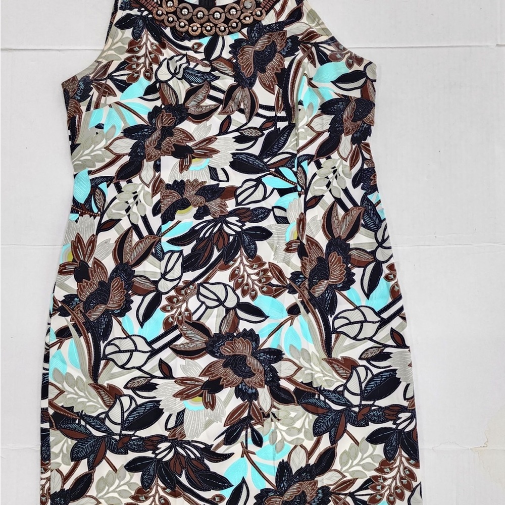 Wood Beads Studded Halter Sleeves Brown Floral Print Knee Length Sheath Dress - Picture 11 of 12